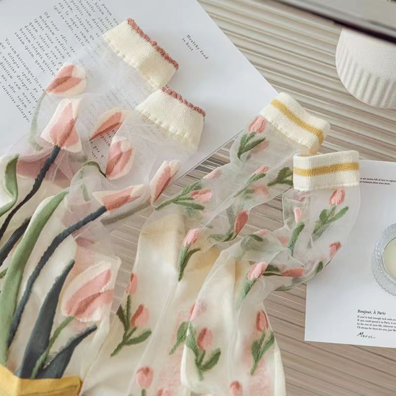 Tulip Print Sheer Mesh Crew Socks - view 2