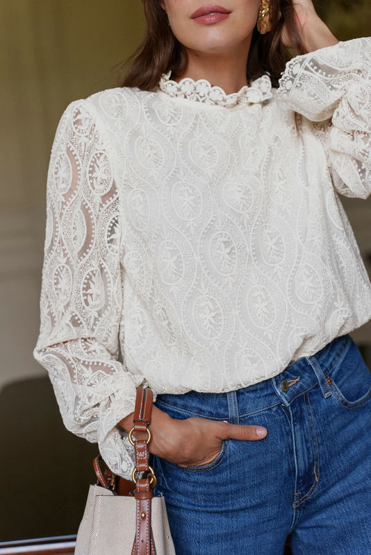 Vintage Lace Ruffle Cuff High Neck Blouse - White - 2
