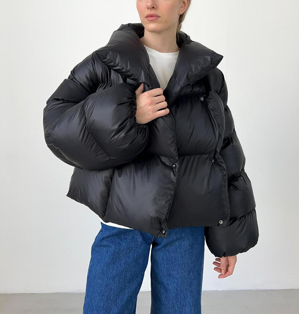 Oversized Cropped Hooded Puffer Coat - Black