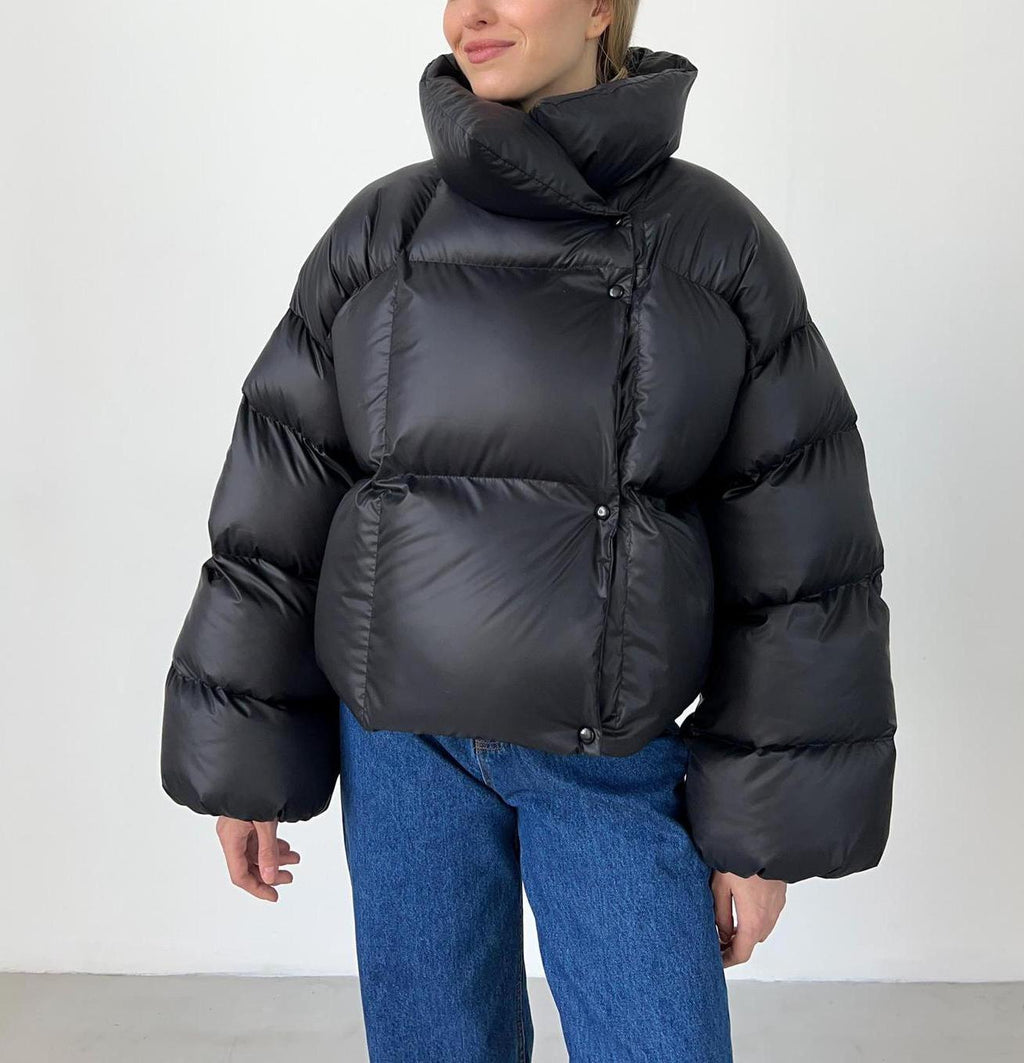 Oversized Cropped Hooded Puffer Coat - Black - 1