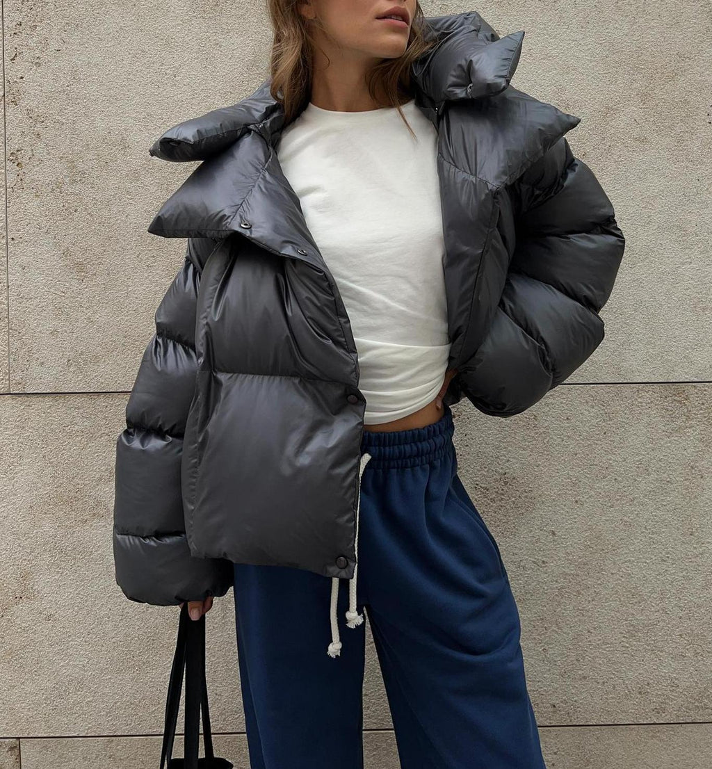Oversized Cropped Hooded Puffer Coat - Darkgray