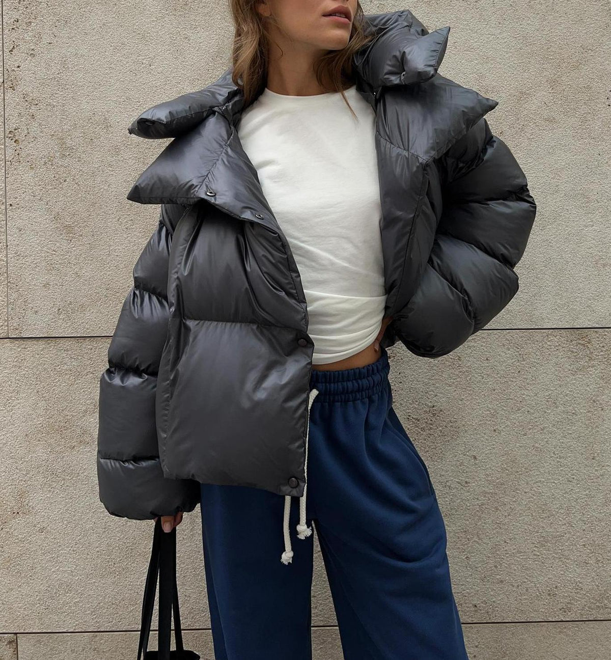 Oversized Cropped Hooded Puffer Coat - Darkgray