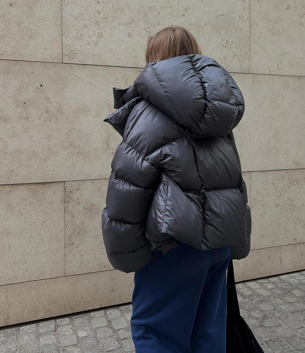 Oversized Cropped Hooded Puffer Coat - Darkgray - 1