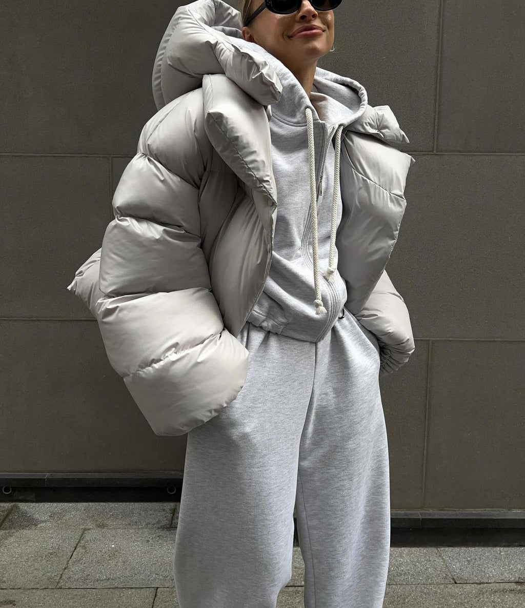 Oversized Cropped Hooded Puffer Coat - Lightgray