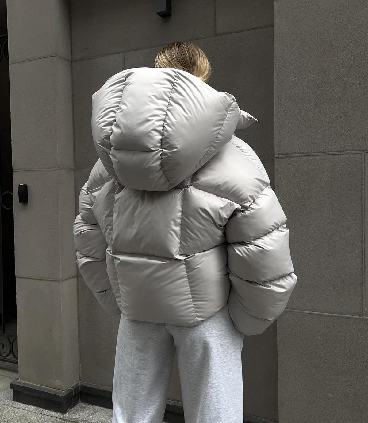 Oversized Cropped Hooded Puffer Coat - Lightgray - 1