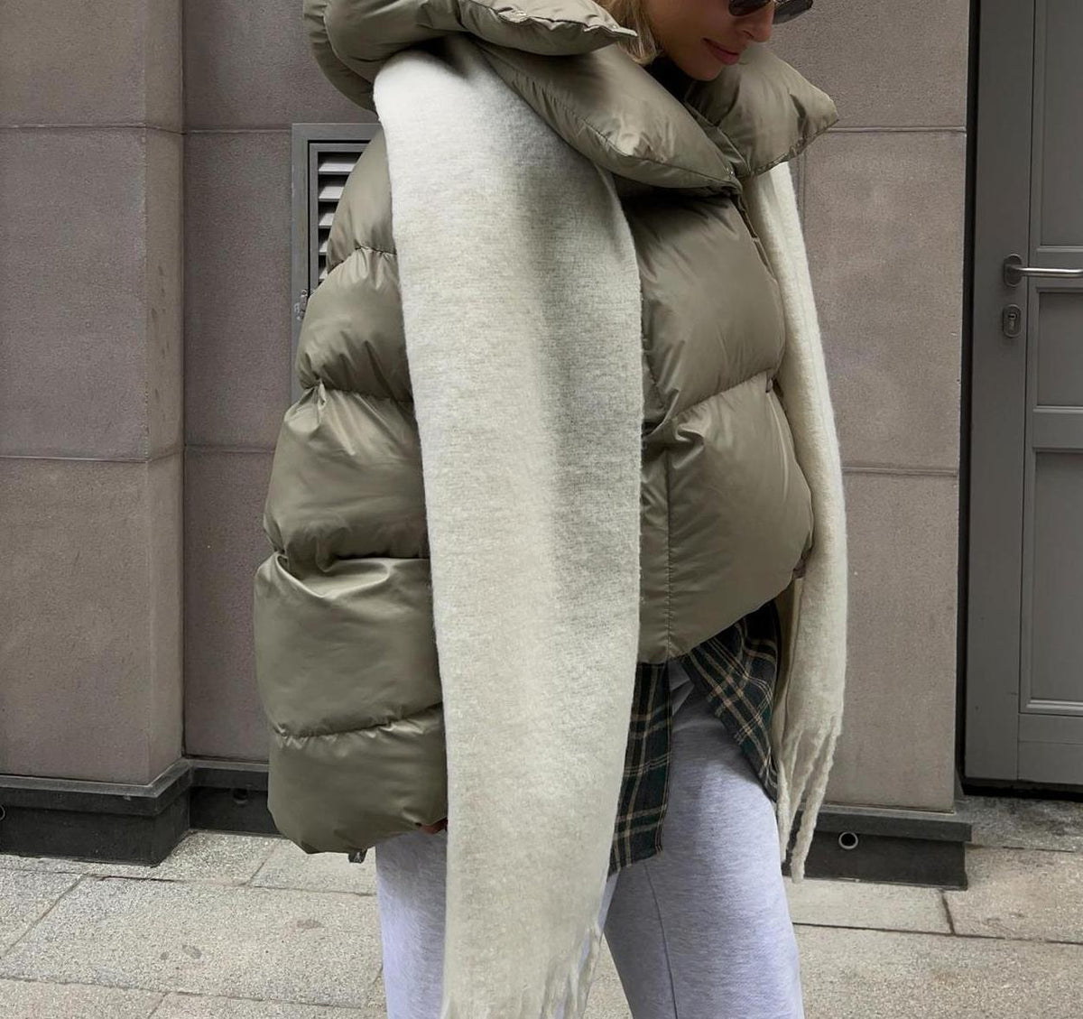 Oversized Cropped Hooded Puffer Coat - MilitaryGreen
