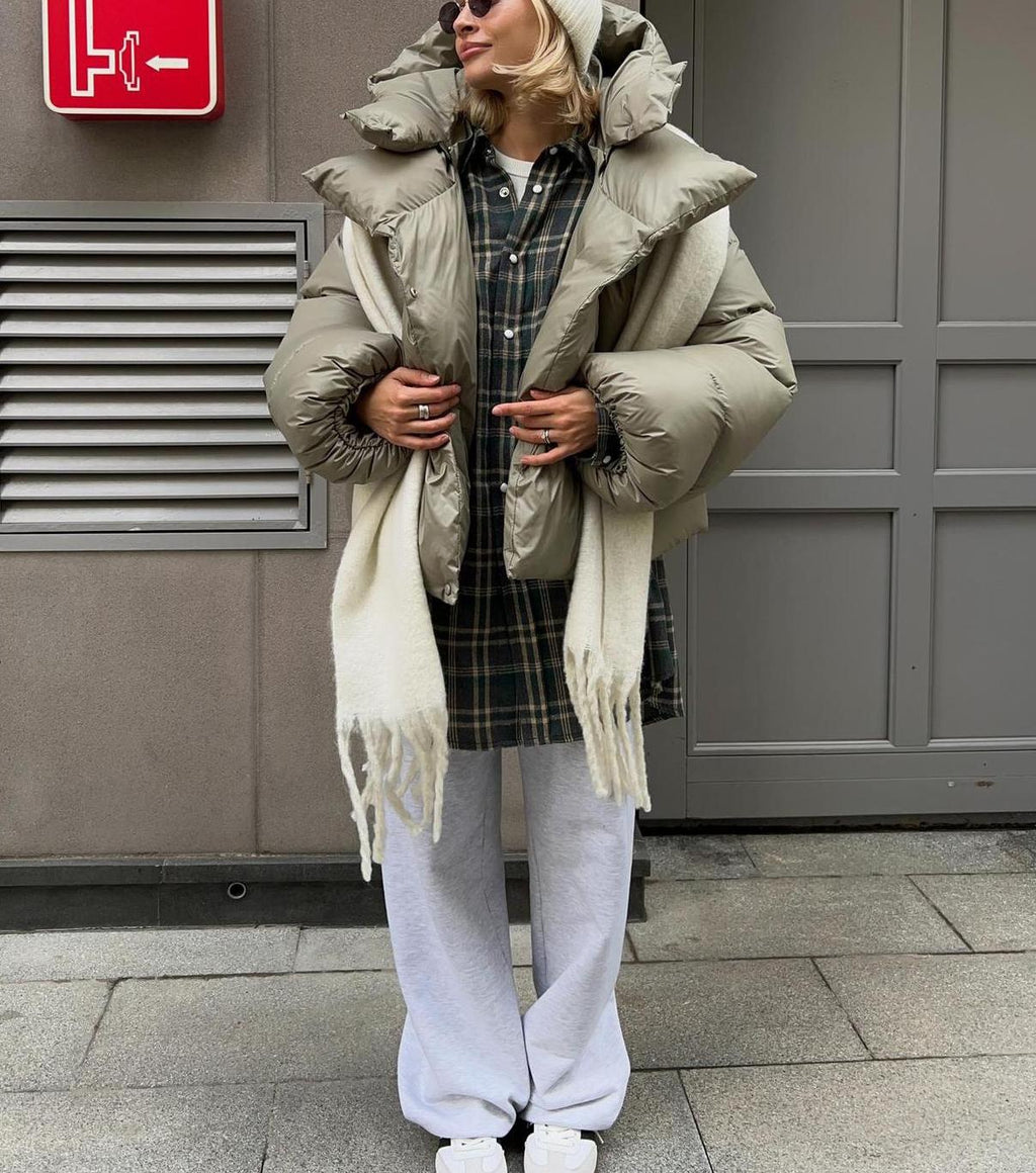 Oversized Cropped Hooded Puffer Coat - MilitaryGreen - 1