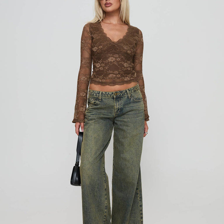 Sheer Floral Lace Flare Sleeve Crop Top - Brown