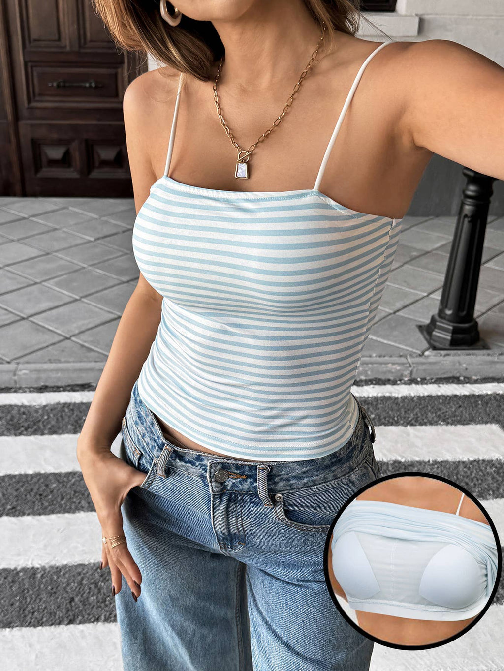 Striped Ribbed Spaghetti Strap Cami Top