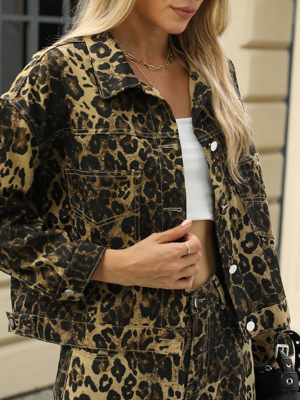 Leopard Print Cropped Denim Trucker Jacket - Leopard - 2