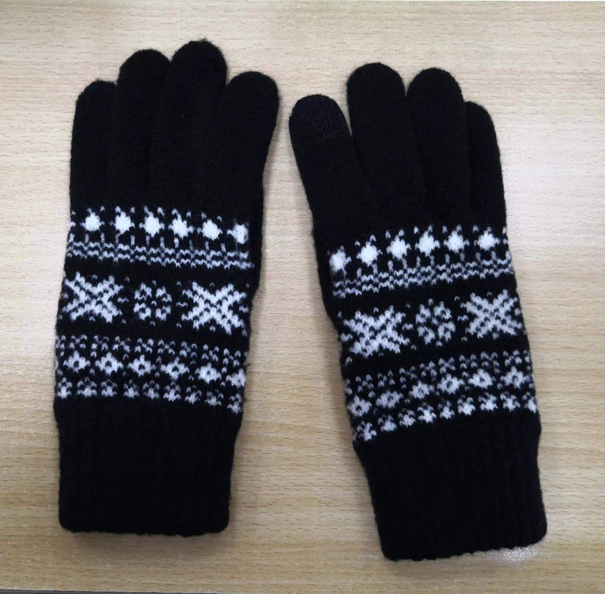 Nordic Snowflake Jacquard Knit Gloves - Black