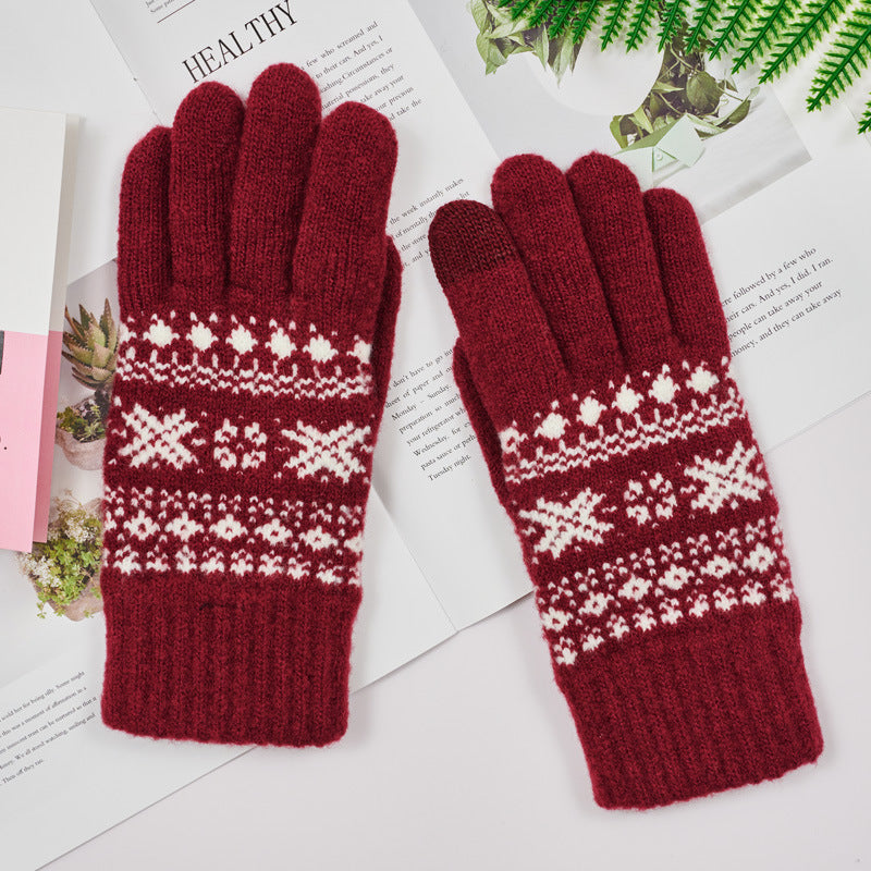 Nordic Snowflake Jacquard Knit Gloves - Wine-Red