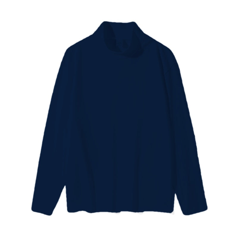 Cotton Mock Neck Long Sleeve Tee - Navy
