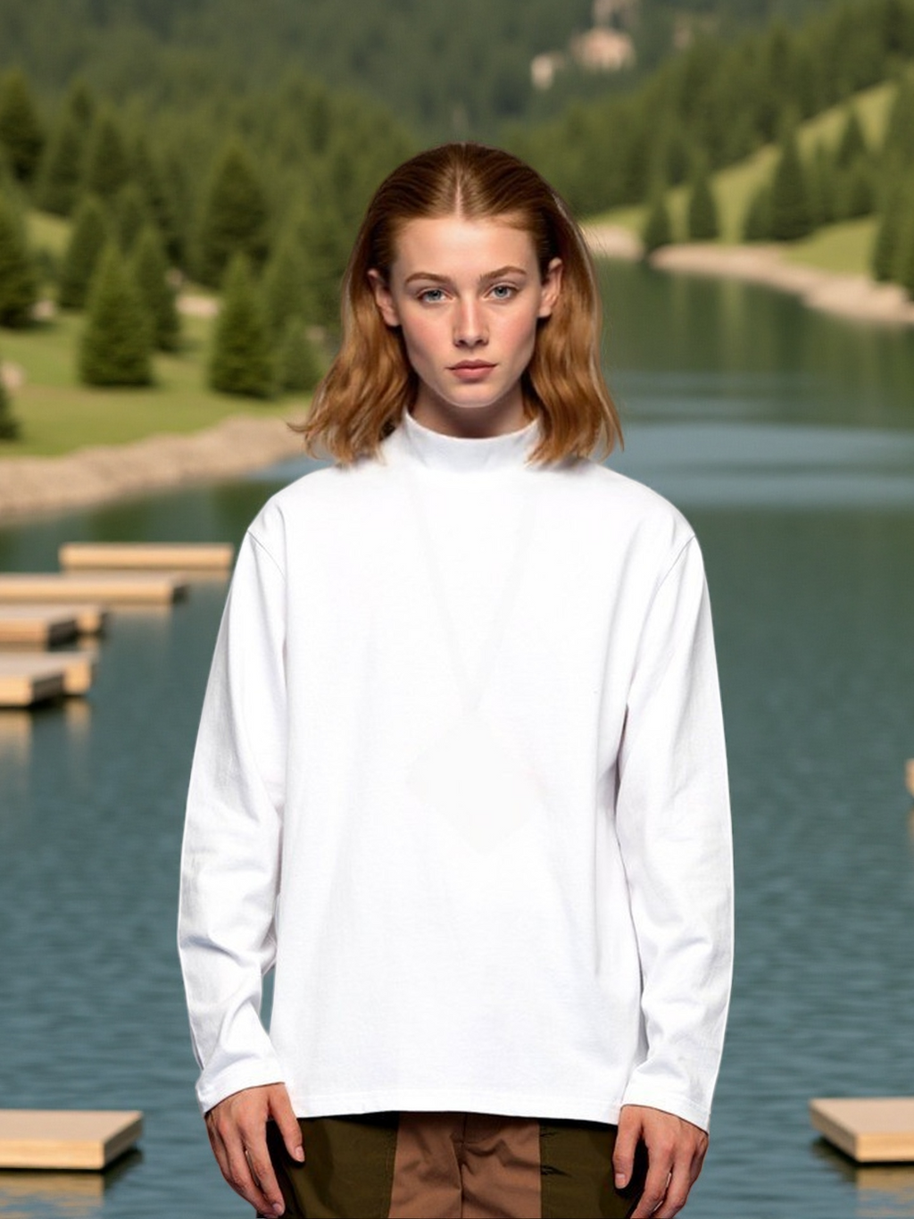 Cotton Mock Neck Long Sleeve Tee - White