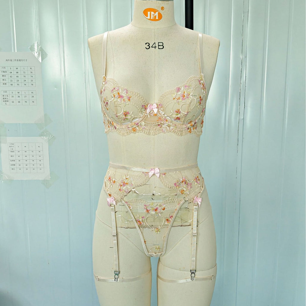 Floral Embroidered Sheer Mesh Bow Garter Set - Apricot
