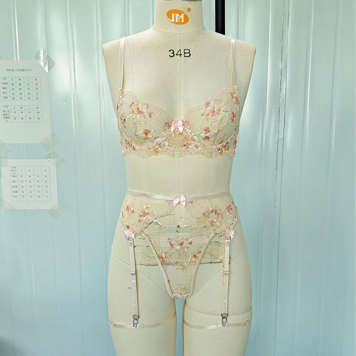 Floral Embroidered Sheer Mesh Bow Garter Set - Apricot
