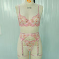 Floral Embroidered Sheer Mesh Bow Garter Set - Pink
