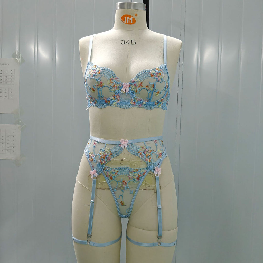 Floral Embroidered Sheer Mesh Bow Garter Set - Sky Blue