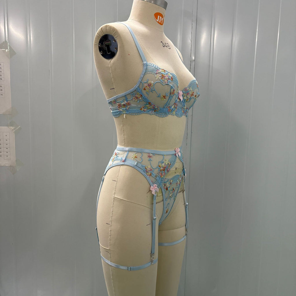 Floral Embroidered Sheer Mesh Bow Garter Set