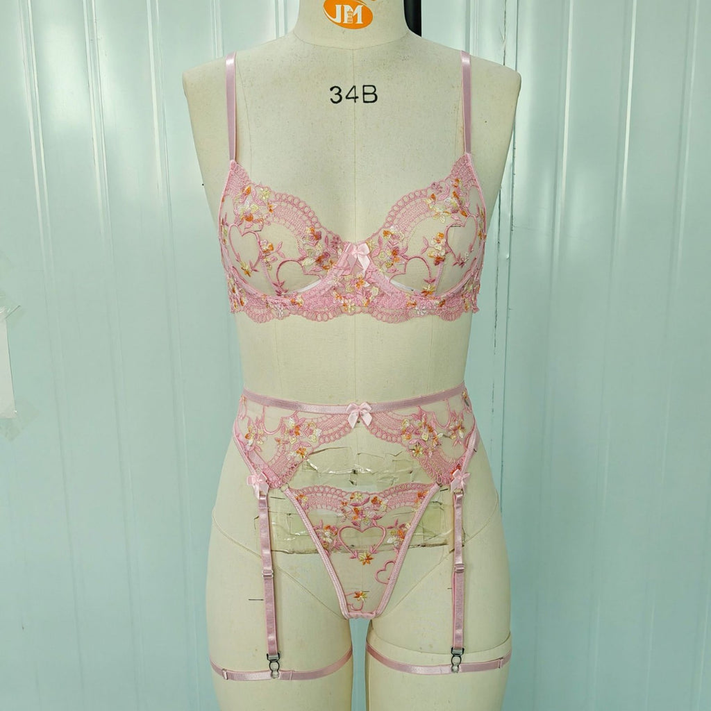 Floral Embroidered Sheer Mesh Bow Garter Set