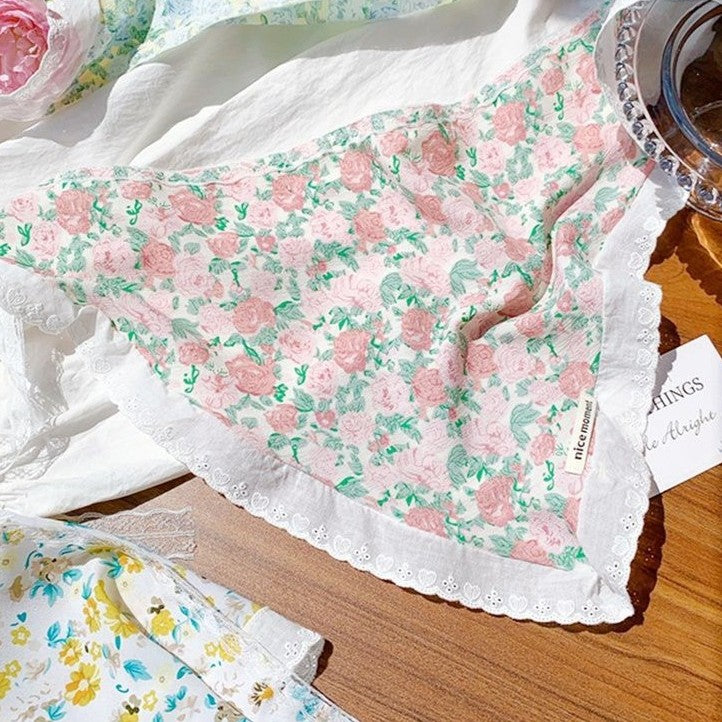 Floral Lace Trim Triangle Bandana Scarf - Pink