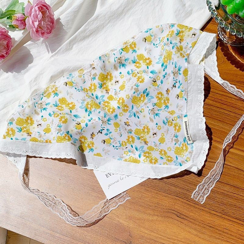 Floral Lace Trim Triangle Bandana Scarf - Yellow