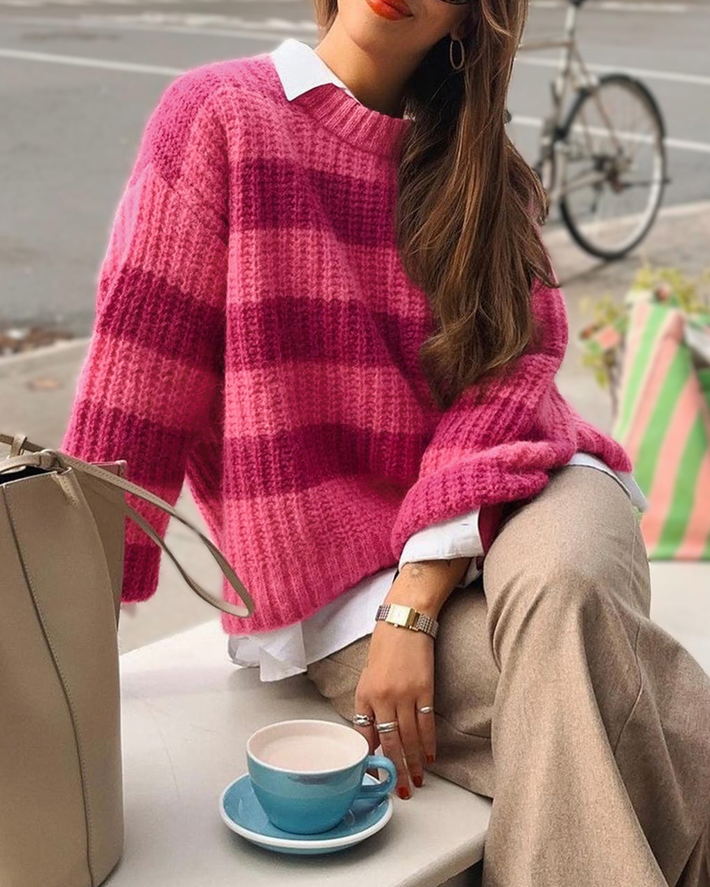 Striped Crewneck Oversized Knit Sweater - Rose