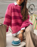 Striped Crewneck Oversized Knit Sweater - Rose