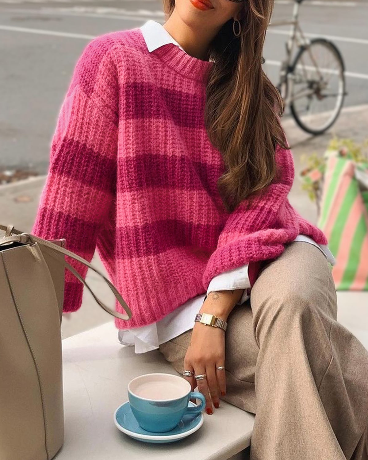 Striped Crewneck Oversized Knit Sweater - Rose