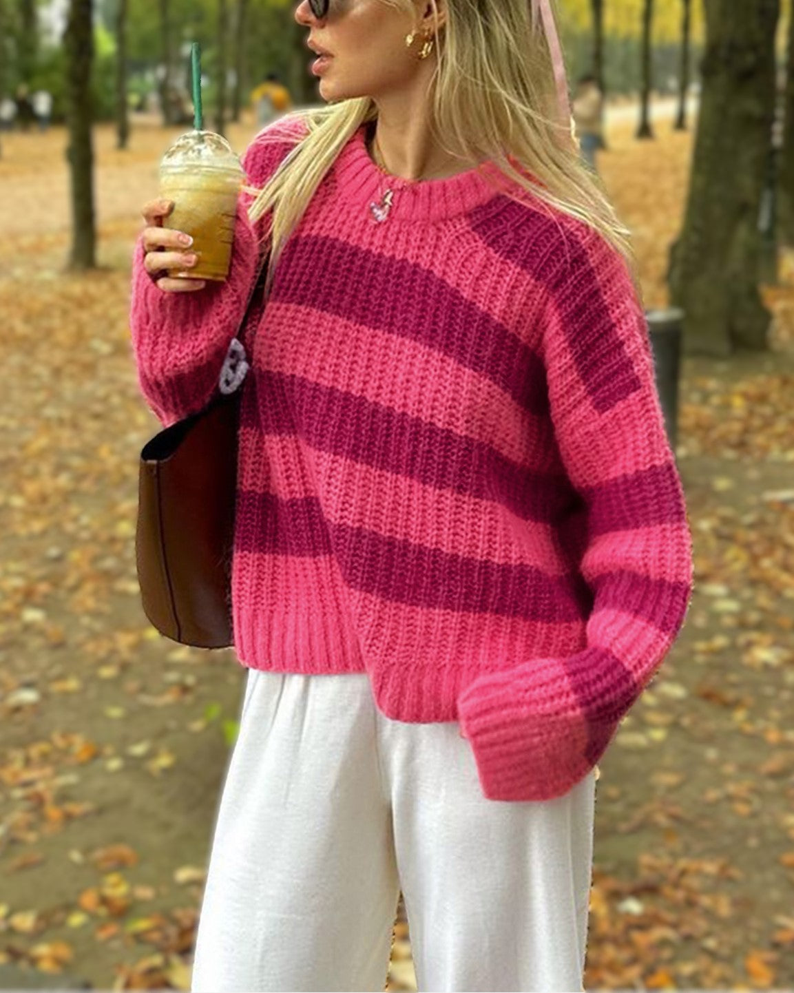 Striped Crewneck Oversized Knit Sweater - Rose - 1
