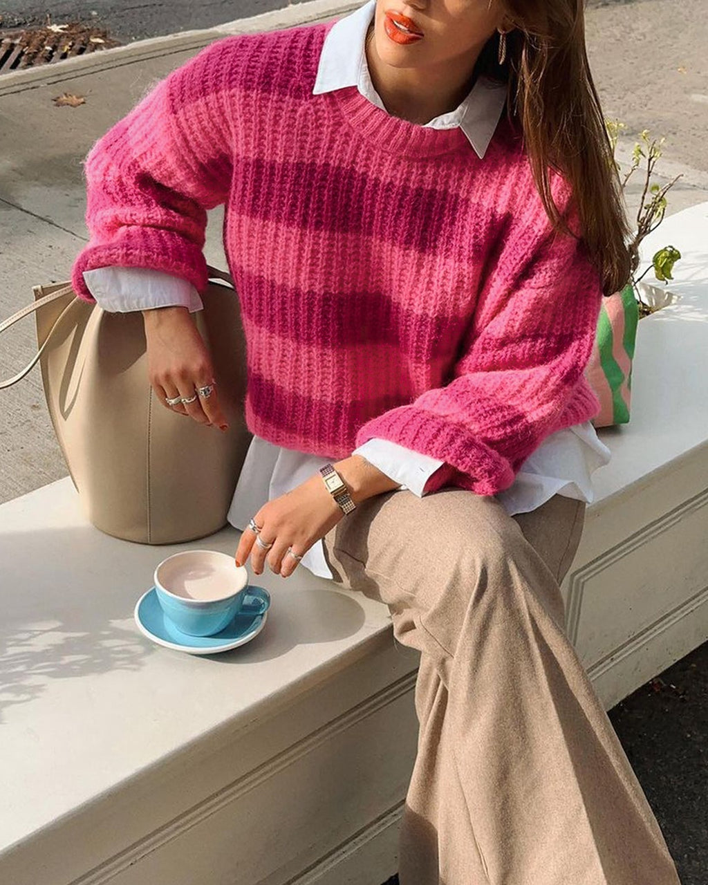 Striped Crewneck Oversized Knit Sweater - Rose - 2