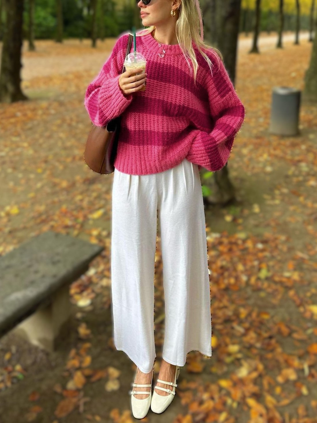 Striped Crewneck Oversized Knit Sweater - Rose - 3