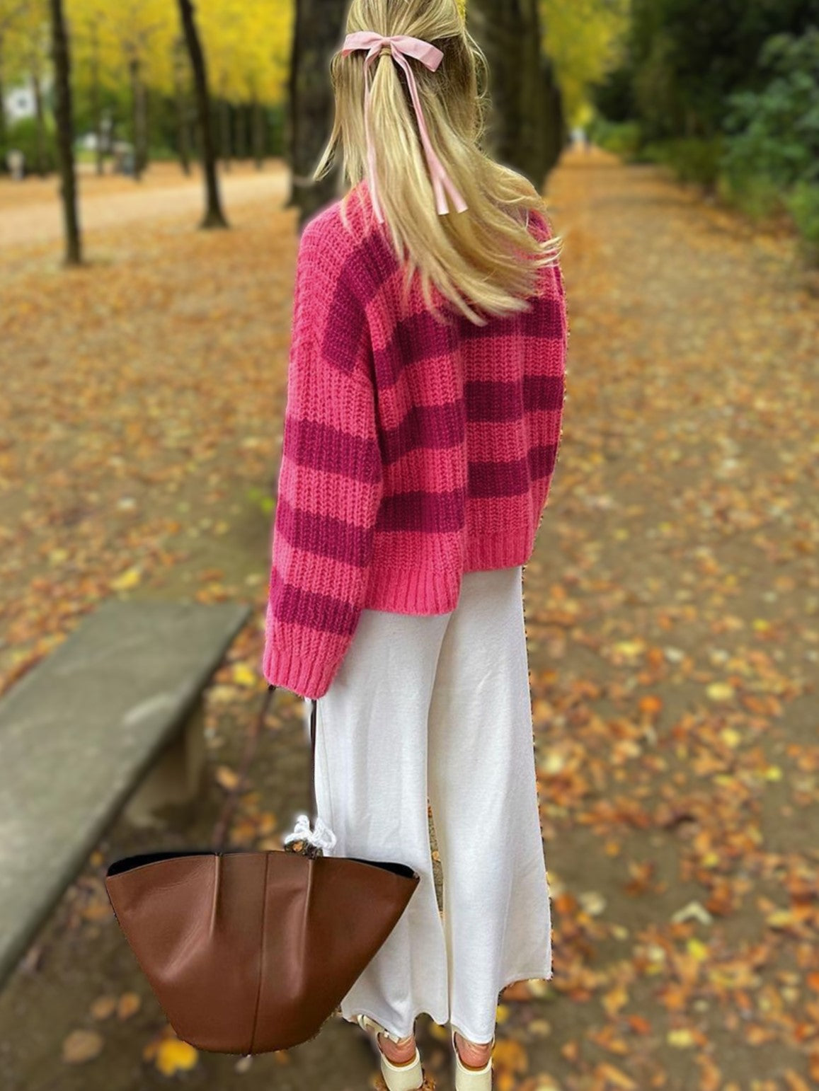 Striped Crewneck Oversized Knit Sweater - Rose - 4
