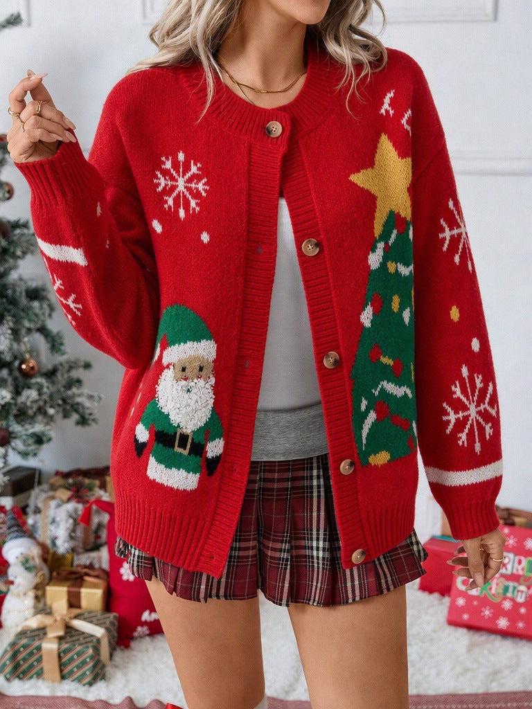 Santa Christmas Tree Knit Button Front Relaxed Sweater - Red