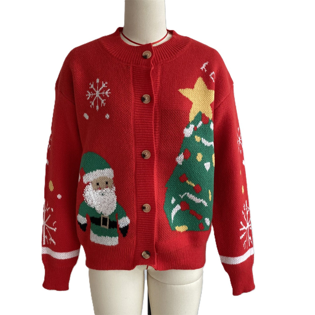 Santa Christmas Tree Knit Button Front Relaxed Sweater - Red - 1