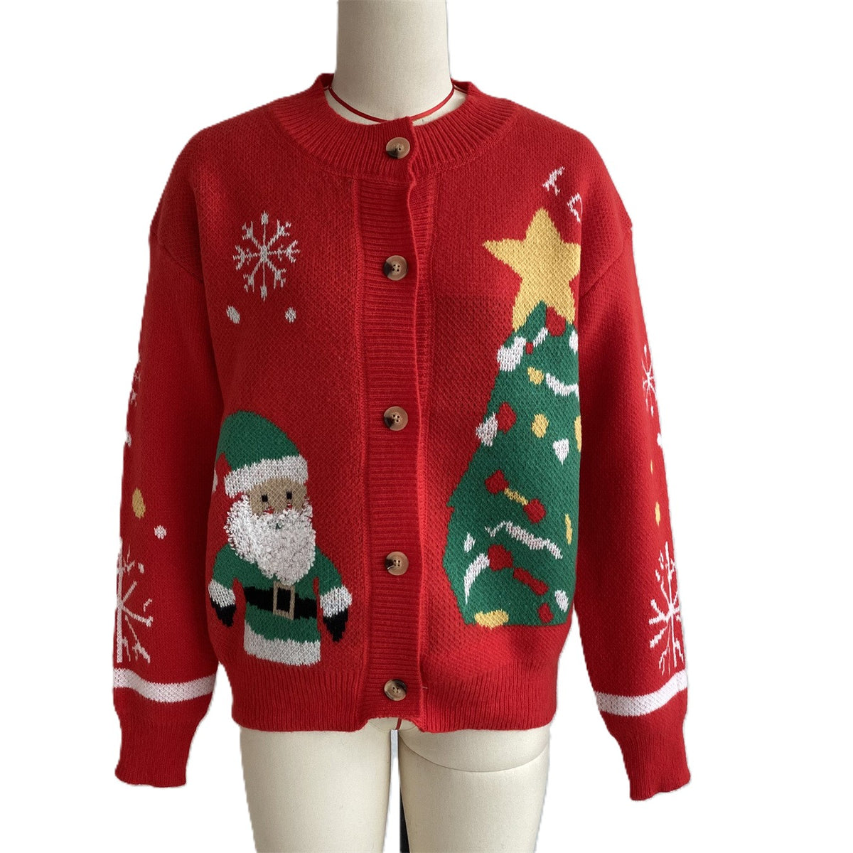 Santa Christmas Tree Knit Button Front Relaxed Sweater - Red - 1