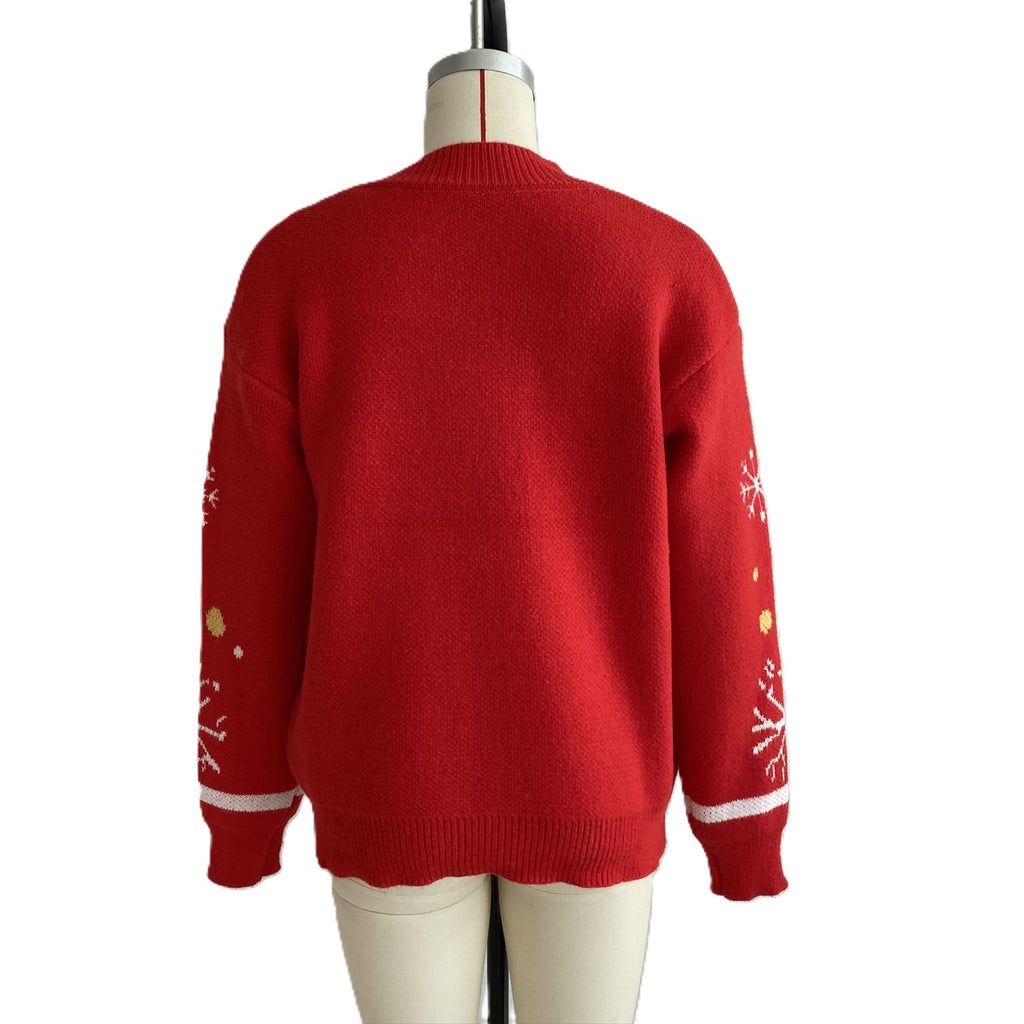 Santa Christmas Tree Knit Button Front Relaxed Sweater - Red - 2