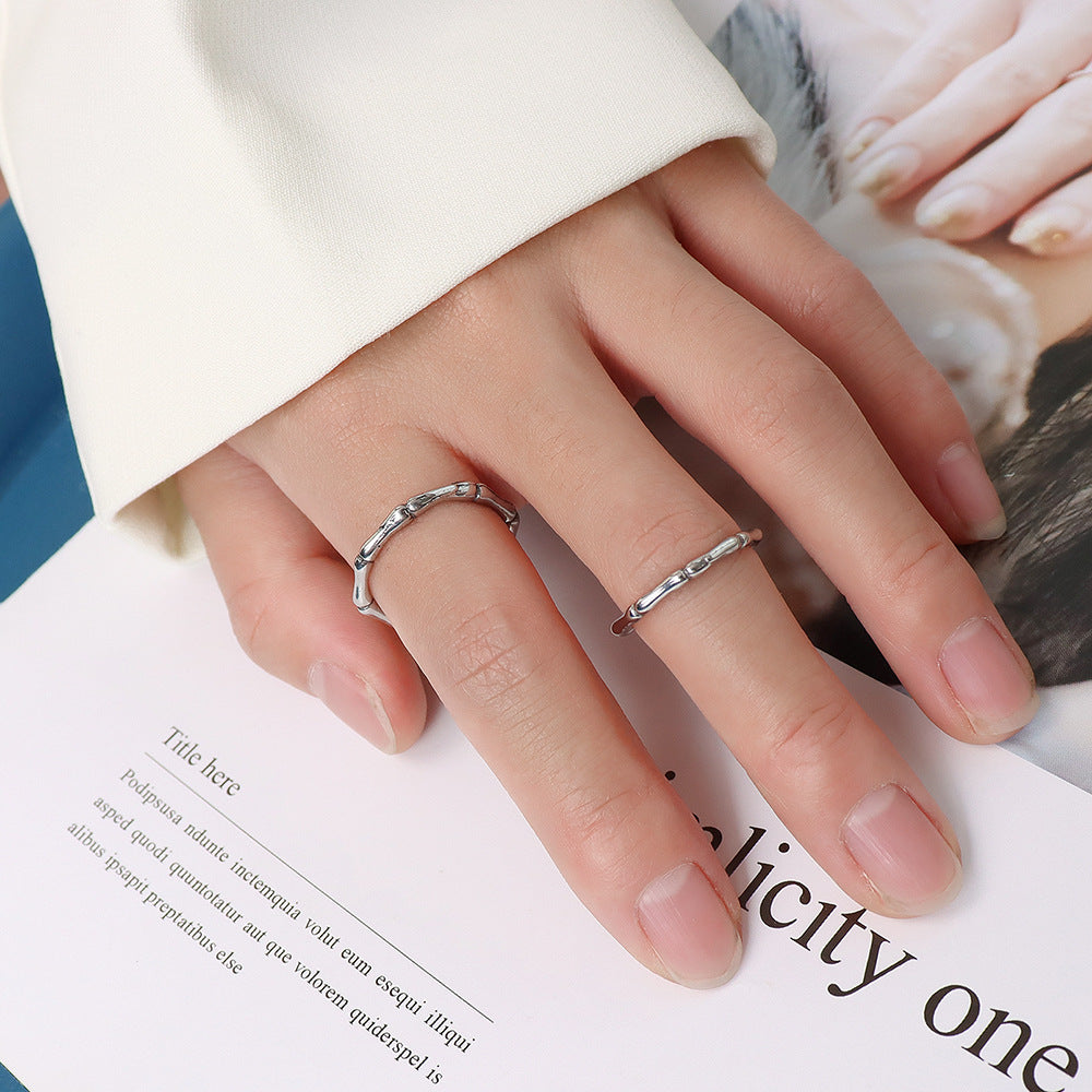Slim Bamboo Texture Stacking Ring - Silvery