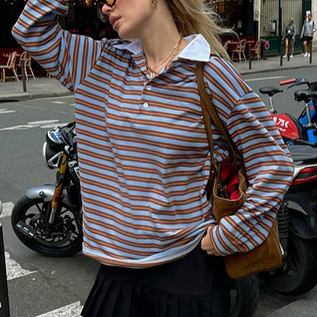 Striped Contrast Collar Long Sleeve Rugby Shirt - Striped