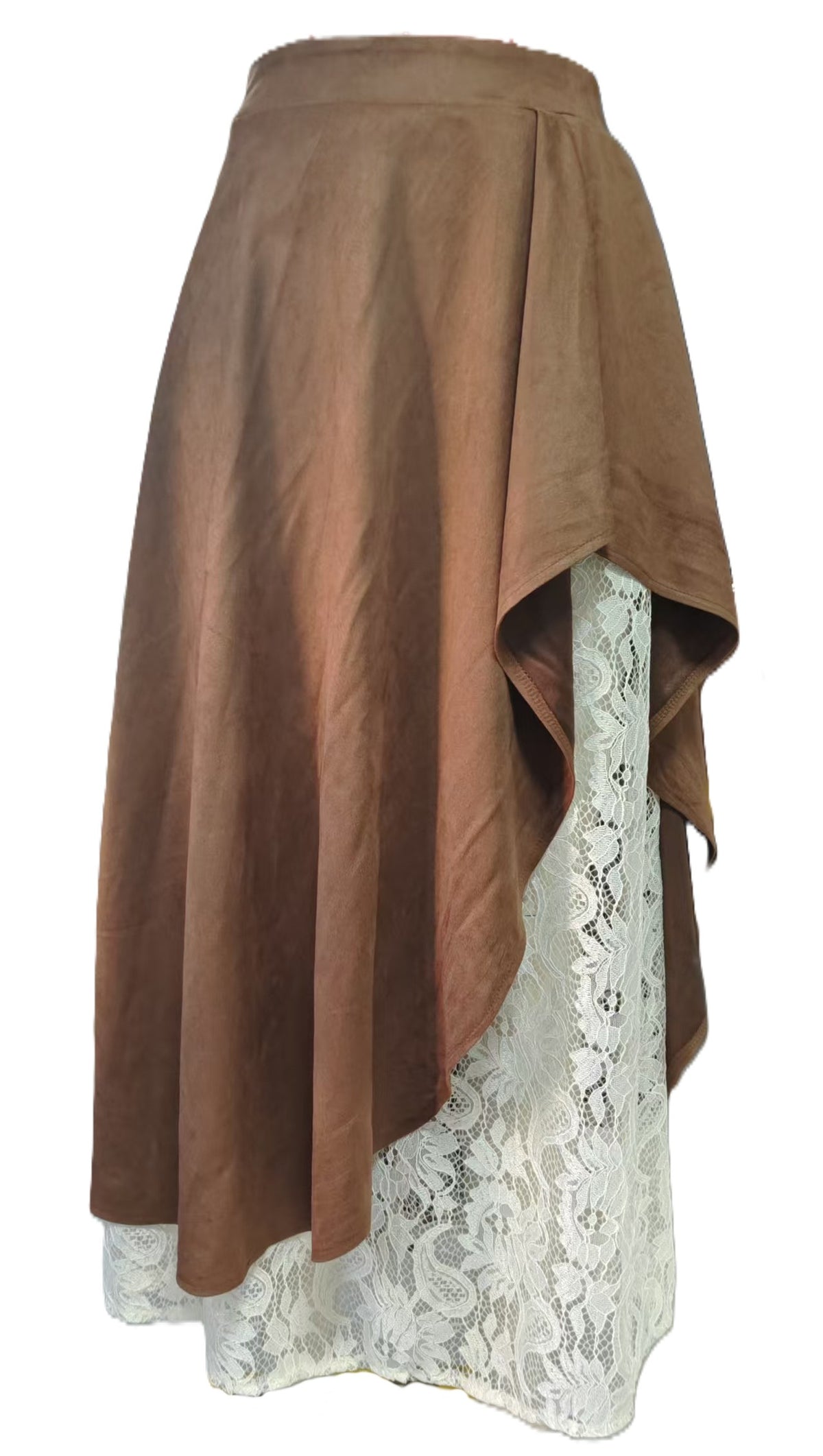 Western High Low Skirt With Lace Underlay - Brown