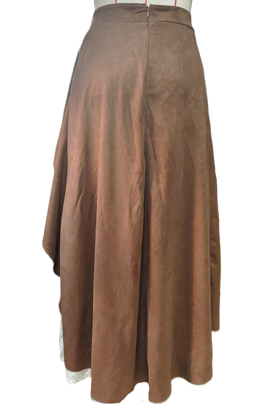 Western High Low Skirt With Lace Underlay - Brown - 1