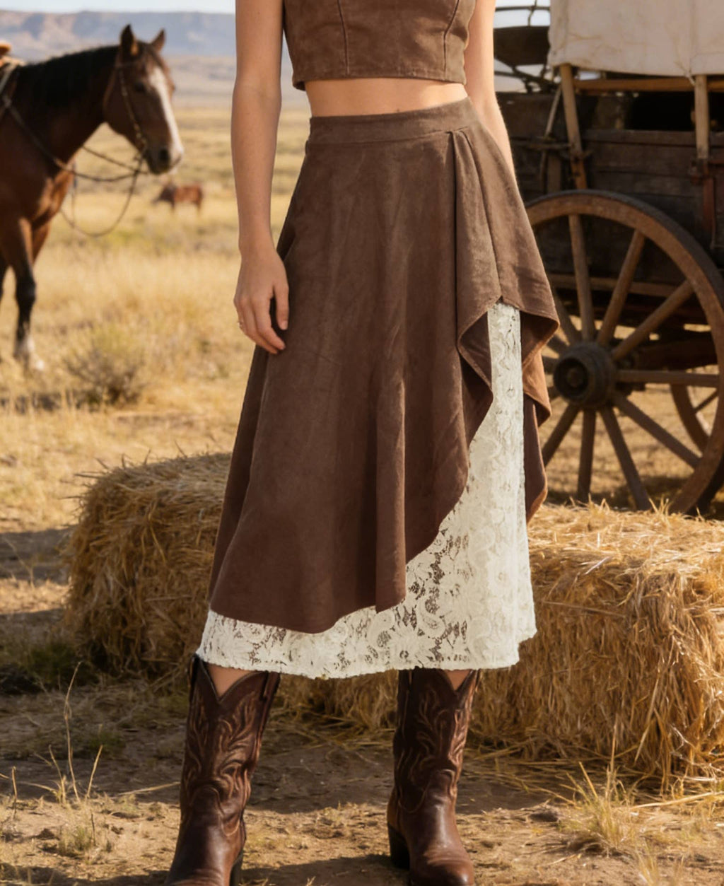 Western High Low Skirt With Lace Underlay