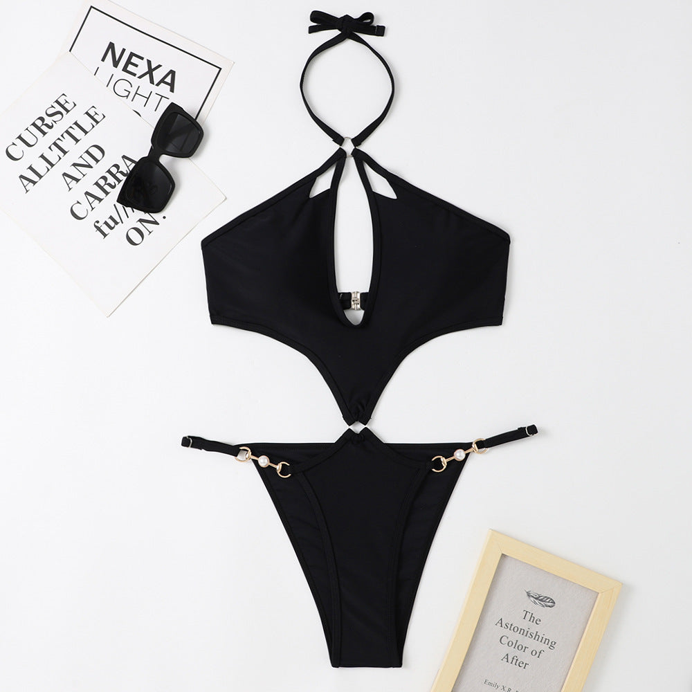 Halter Keyhole Cutout Chain Swimsuit - Black - 1