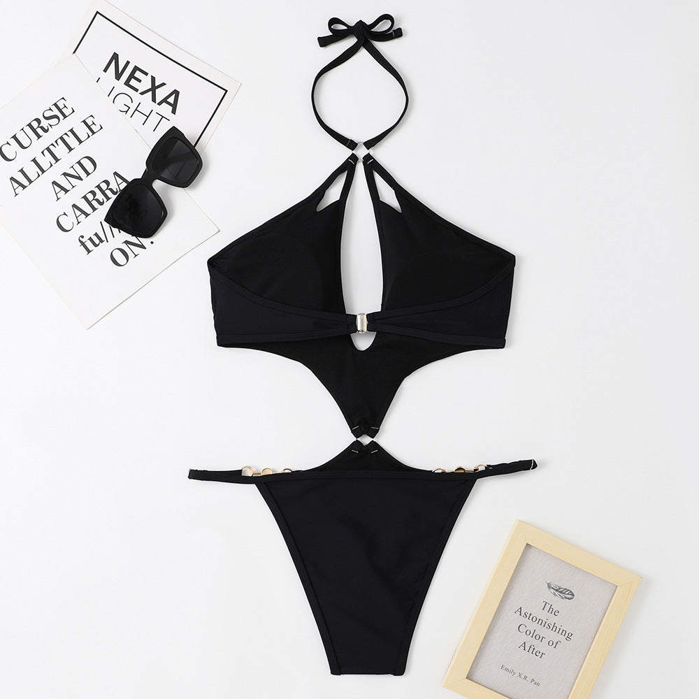 Halter Keyhole Cutout Chain Swimsuit - Black - 2