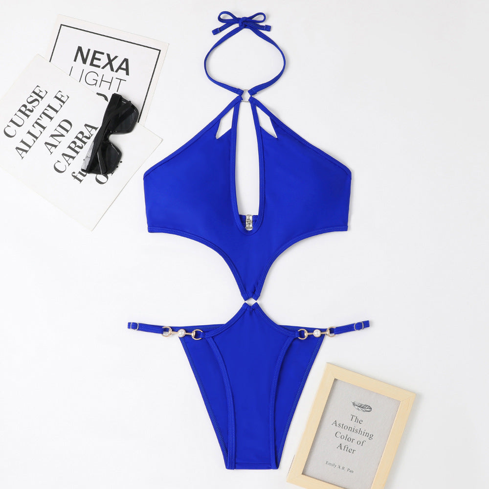 Halter Keyhole Cutout Chain Swimsuit - Blue - 1