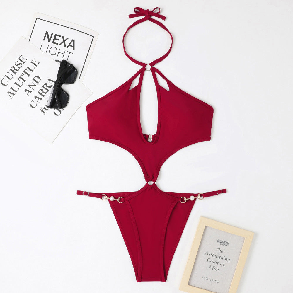Halter Keyhole Cutout Chain Swimsuit - Burgundy - 1