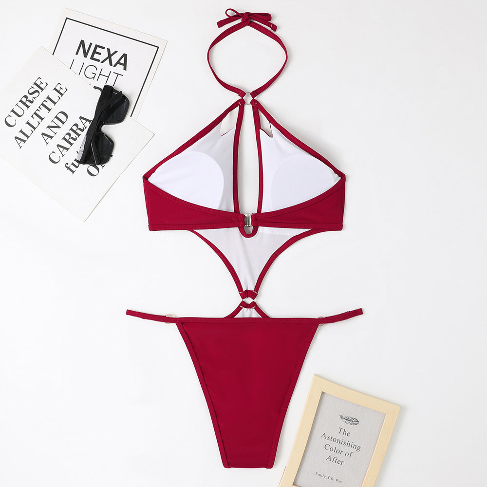 Halter Keyhole Cutout Chain Swimsuit - Burgundy - 2