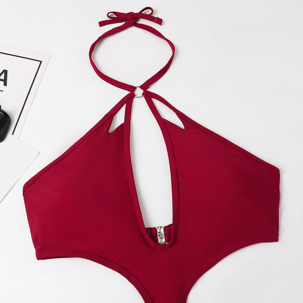 Halter Keyhole Cutout Chain Swimsuit - Burgundy - 3
