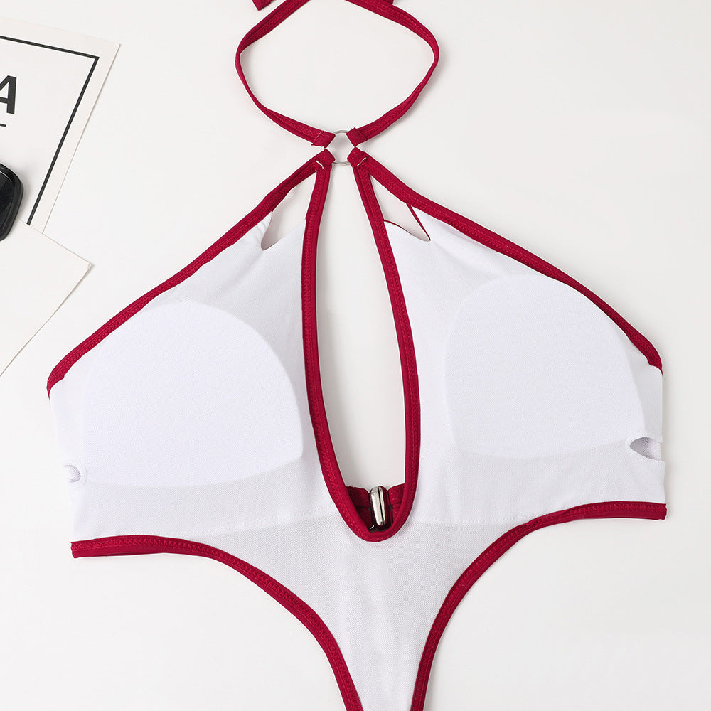 Halter Keyhole Cutout Chain Swimsuit - Burgundy - 4