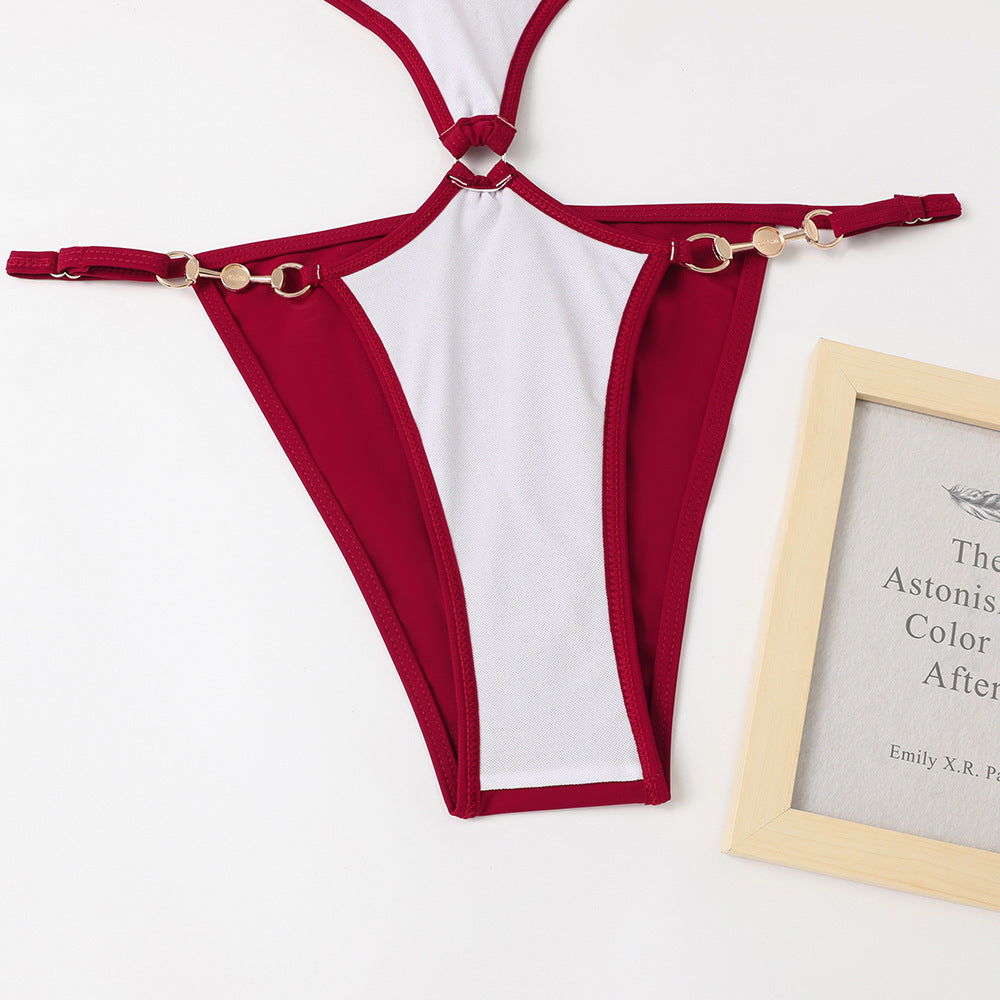 Halter Keyhole Cutout Chain Swimsuit - Burgundy - 5